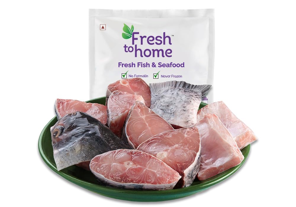 FreshToHome Catla | fish size: 1kg to 2kg | Bengali Cut (include head piece)| 480g to 500g Pack | Fresh | Never Frozen