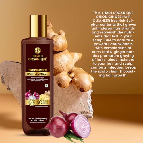 Image of Khadi Organique Onion & Ginger Hair Shampoo | Herbal Cleanser Formula For Dandruff & Itchy Scalp | Nourishing, Hydrating & pH Balanced | Reduce Hair Thinning, Adds Volume | SLS & Paraben Free - 200ml