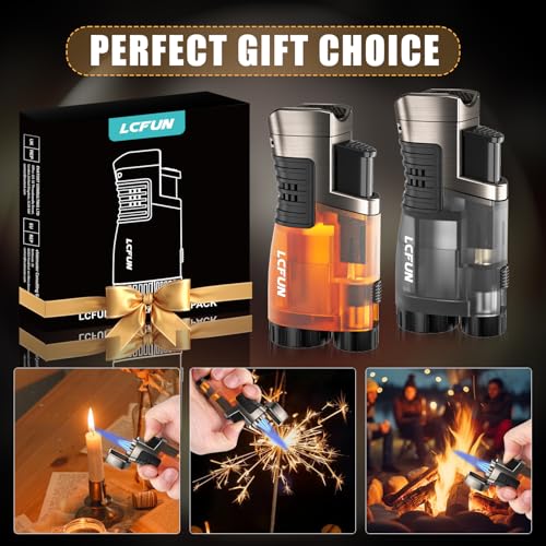 Butane Torch Lighter 2 Pack, Triple Jet Flame Lighter Gas Refillable, Windproof Lighter with Holder and Punch, Gifts for Him Men, Without Gas Fuel (Black and Orange) by LcFun - Image 7