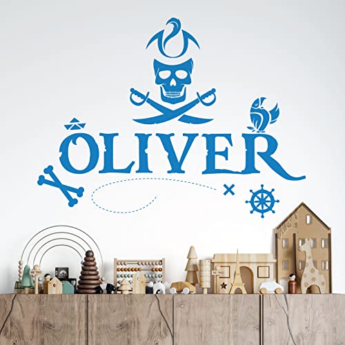 Image of Personalised Name Boys Wall Art Sticker - Pirates, Skull, Ocean, Treasure Map, Sailor, Sea Adventure [Medium] [Ocean]