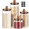Gerrii Glass Storage Jars Set of 4, Clear Food Storage Containers with Wooden Lids Airtight Kitchen Canisters with Sticker and Chalk for Candy Cookie Rice Sugar Flour Pasta Nuts Beans Spice, 4 Sizes
