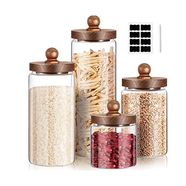 Gerrii Glass Storage Jars Set of 4, Clear Food Storage Containers with Wooden Lids Airtight Kitchen Canisters with Sticker and Chalk for Candy Cookie Rice Sugar Flour Pasta Nuts Beans Spice, 4 Sizes