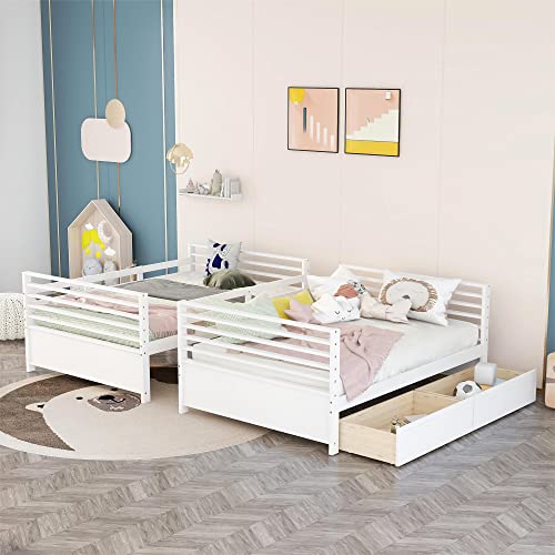 Full Over Full Bunk Bed With Two Storage Drawers, Wood Full-Over-Full Bedframe W/ Full-Length Guardrail And Angle Ladder Convertible Into 2 Individual Beds, Space Saving For Bedroom, Guestroom, White #TOP2