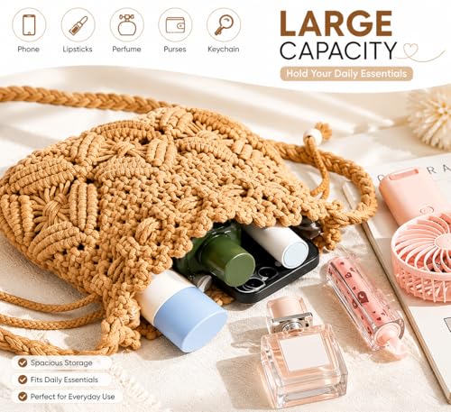 Image of Beach Bags for Women Stylish Khaki Straw Woven Crossbody Crochet Bag for Summer Seaside Vacation