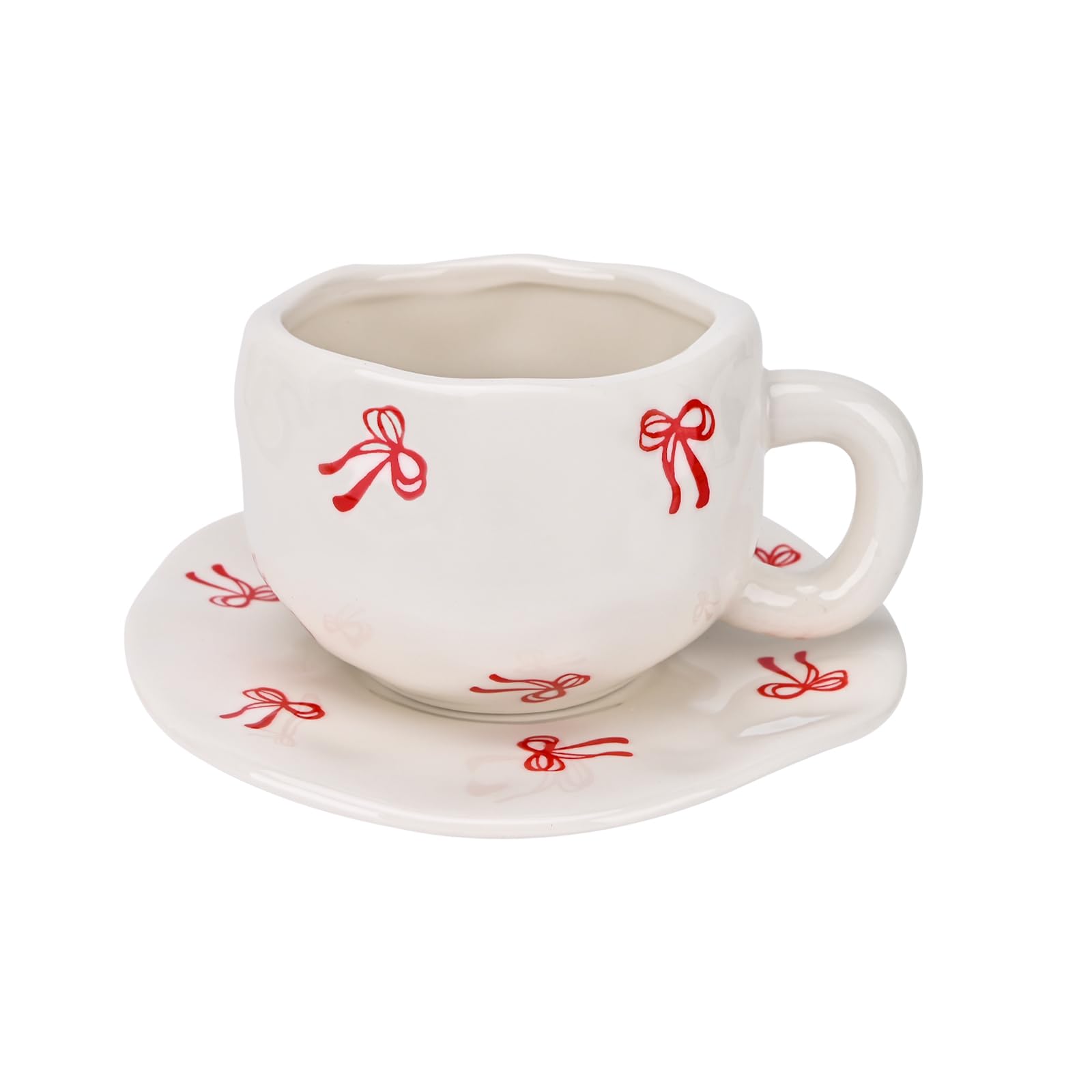 Koythin Ceramic Coffee Mug with Saucer Set, Cute Creative Bow Cup Unique Irregular Design for Office and Home, 10 oz/300 ml for Latte Tea Milk
