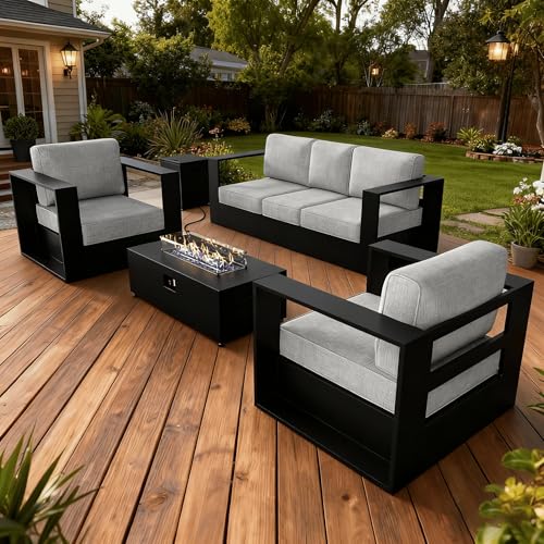 Image of LayinSun Oversized Aluminum Outdoor Furniture Set, 4 Piece Patio Sofa Sets with Fire Pit Table, Deep Seating and Upgraded 6-inch Cushions for Porch, Balcony, Deck