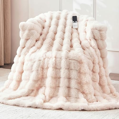 Heated Blanket Throw 50''x60'', Fast Heating Electric Blanket Ultra-Soft Faux Rabbit Fur with 5 Heat Levels & 5H Auto Shut-Off, Overheat Protection, Machine Washable