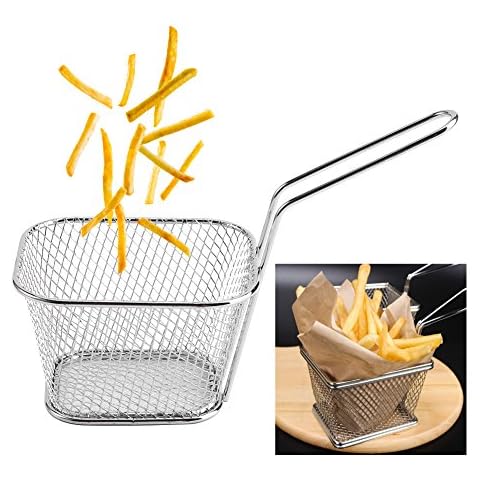 SIXRUN Fry Basket, 8 Pcs 4.1 x 3.3 x 2.6 inch Fries Basket, Stainless Steel French Fries Holder, Fry Baskets with Handle, for Chips, Onion Rings, Chicken, Silver Cover