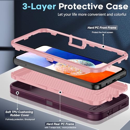 LeYi for Galaxy-A14 Case: Samsung Galaxy A14 5G Phone Case with [1 Pack] Tempered Glass Screen Protector, 3 in 1 Full Body Anti Shock Screen & Camera Protector Rugged Defender A 14 5G, Wine Red/Pink - image 2
