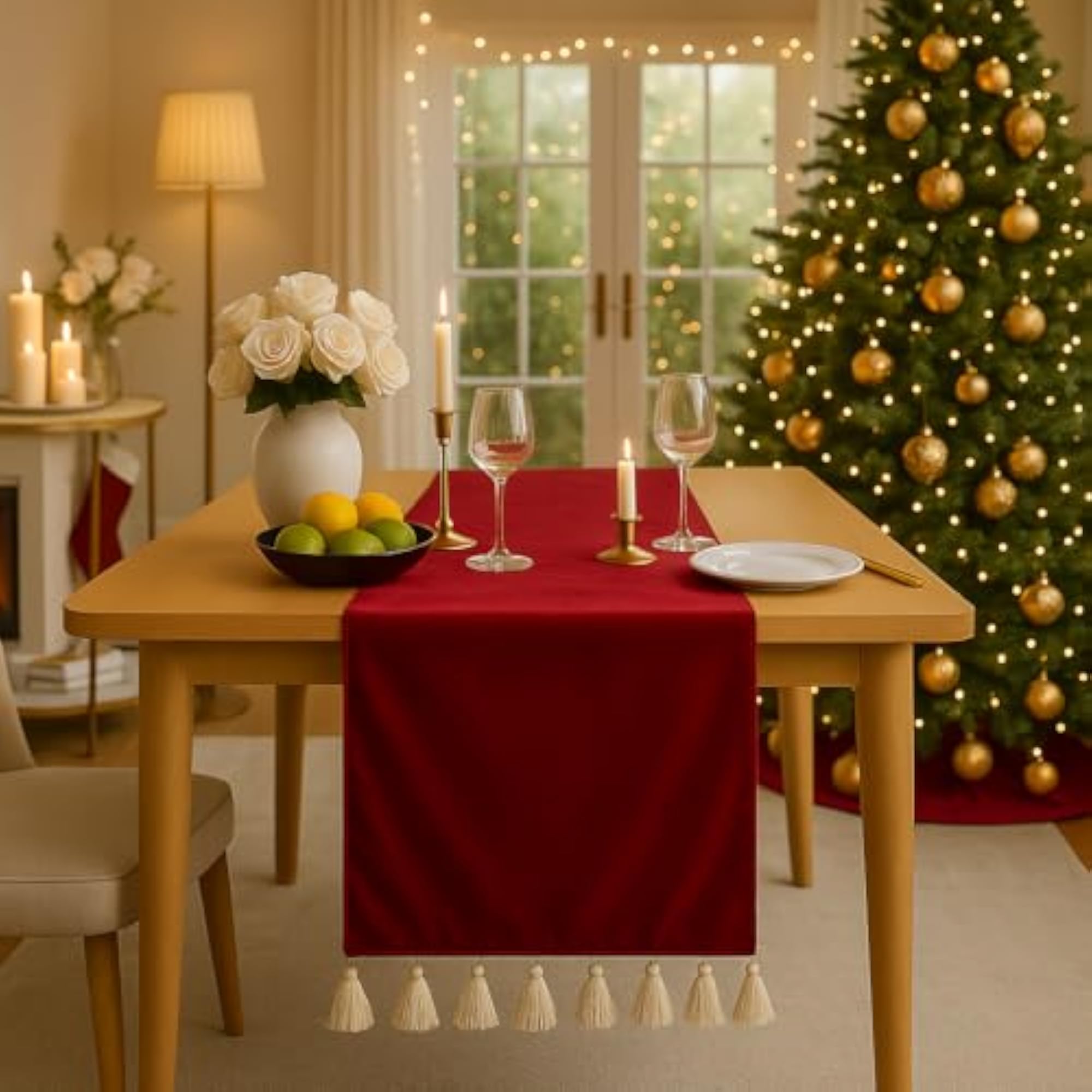 Red Velvet Christmas Decor Print Tassel Table Runner