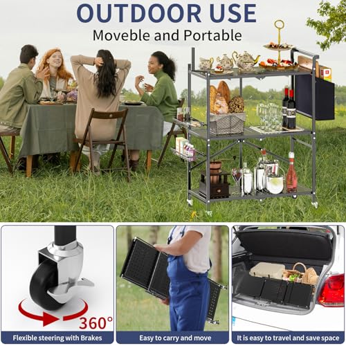 DTUQYX Foldable Outdoor Grill Cart with 3-Tier,Grill Cart,Grill Table for Outside with 2 Total Lock Casters, Pizza Oven Stand Table, Rolling BBQ Table and Folding Kitchen Island, Black (Large)