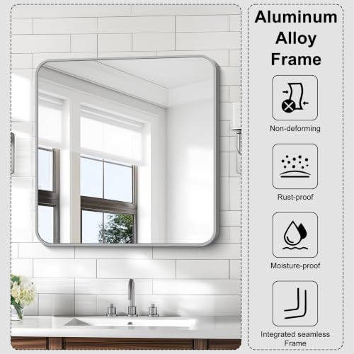 Image of KOCUUY Silver Bathroom Mirror, 30x30 Inch Bathroom Mirror for Over Sink, HD Tempered Glass, Anti-Rust Brushed Silver Frame, Rounded Corner Modern Design for Bathroom, Hang Horizontal /Vertical