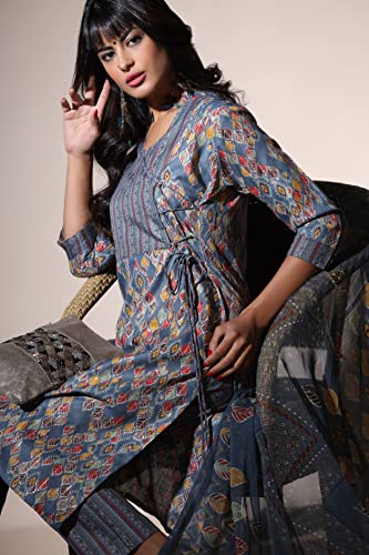 Image of Leriya Fashion Women's Kurta Pant Dupatta Set || Cotton Blend Abstract Leaf Printed Kurti Pant Dupatta Pair || Flattering Front Placket Neck Design || for Outing || Regular Wear
