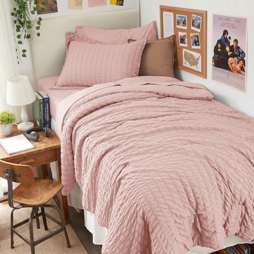 Image of HYMOKEGE Rose Gold Twin Comforter Set Seersucker 5 Pieces, All Season Luxury Bed in a Bag Queen for Bedroom, Bedding Set with Comforter, Sheets, Pillowcase & Sham