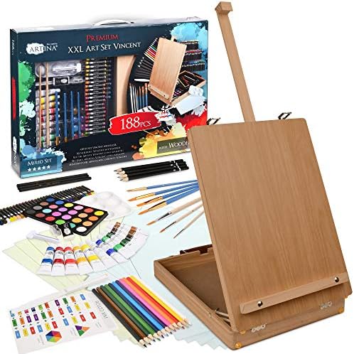 Artina 188pcs Painting Set Vincent with Table Easel - XXL Easel Box with Acrylic Paints Oil Pastels Watercolours Paint Brushes Deluxe Art Set with Desktop Easel for Beginners & Hobby Artists