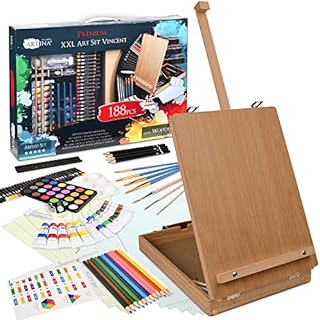 Artina 188pcs Painting Set Vincent with Table Easel - XXL Easel Box with Acrylic Paints Oil Pastels Watercolours Paint Brushes Deluxe Art Set with Desktop Easel for Beginners & Hobby Artists