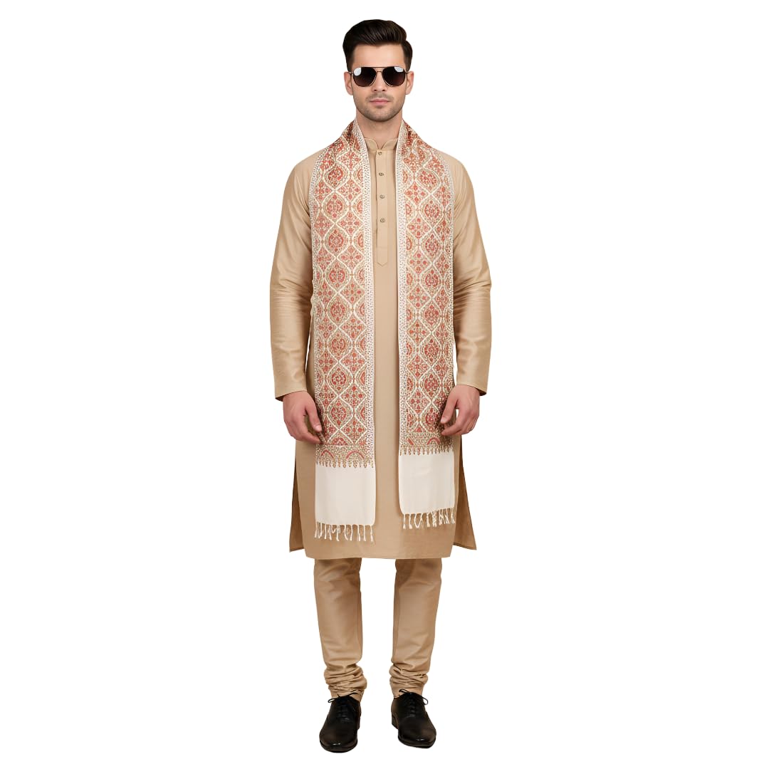 muffly Men’s Premium Wool Blend Embroidered Stole with Classic Tasselled Border -Red-picture-31