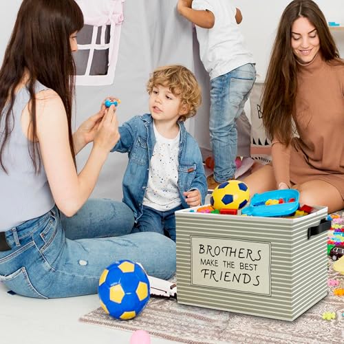 Image of Boy Nursery Storage Bins Box with Handles, Brothers Make the Best Friends Neutral Striped Collapsible Basket Organizer for Kids Boys Room Bedroom Playroom Bathroom Books Clothes