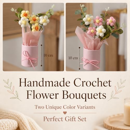 Image of Handmade Crochet Flower Bouquets (Set of 2) - Knitted Floral Decor Combo | Aesthetic Desk Flowers, Forever Flower Gift Set, Minimal Home Decor