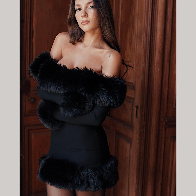 EVMILA 2023 Women's Fur Collar One Shoulder Long Sleeve Dress4