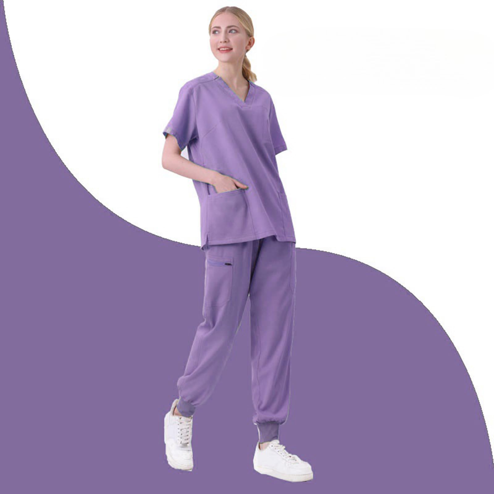 Uniforme Infermieri, Uniforme Medica con Maglia e Pantaloni Scollo a v Maniche Corte Uniformi Sanitarie per Infermieri Medici Chirurghi Terapisti Dentisti,Viola,XXL