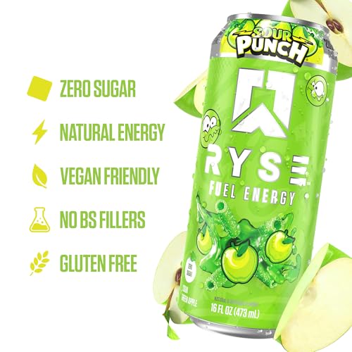 Image of RYSE Fuel Energy Drink - Sour Punch Green Apple - Sugar Free, Gluten Free & Vegan - 200mg Natural Caffeine, Taurine & Choline for Focus & Energy - No Artificial Colors - 16 fl oz Cans (12-Pack)