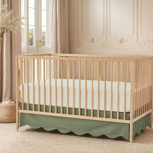 Image of Brandream Scallop Edge Cotton Crib Skirt Toddler Bedskirt Baby Nursery Crib Bed Skirt Boho Bohemian Neutral Solid Color Vintage Sage Green Farmhouse Chic Boho Bohemian Skirt