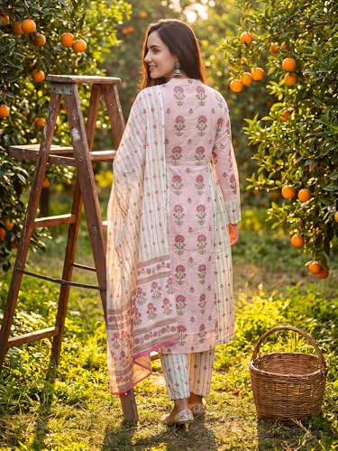 Image of INDO ERA Women's Pure Cotton Floral Printed Beads and Stones Work Kurta & Pant with Dupatta Set (IEAI13104)