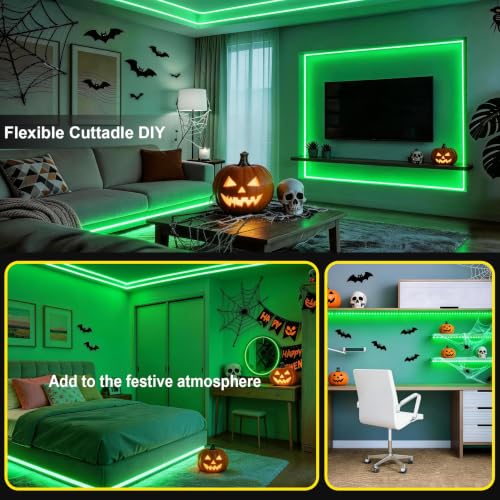 Image of Green Led Lights Strip Halloween Decor 50 FT Indoor Rope Lights Easy DIY Cuttable Strip Lights for Room Bathroom Living Room Kitchen Ceiling Wall Vanity Mirror Decor