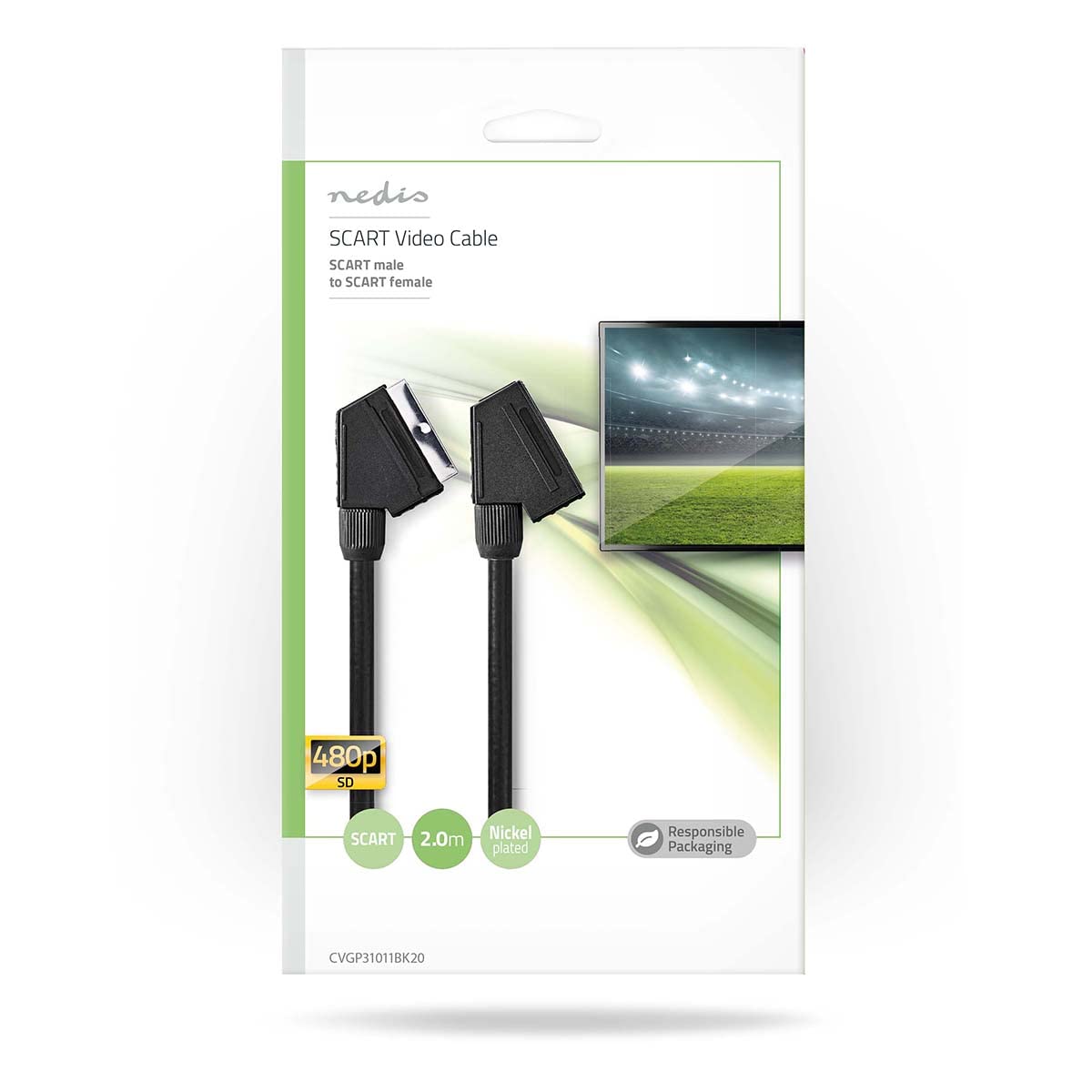 Nedis CVGP31011BK20 Câble péritel | Connecteur péritel | Prise péritel | Nickelé | 480p | 2 m | Rond | PVC | Noir | Enveloppe