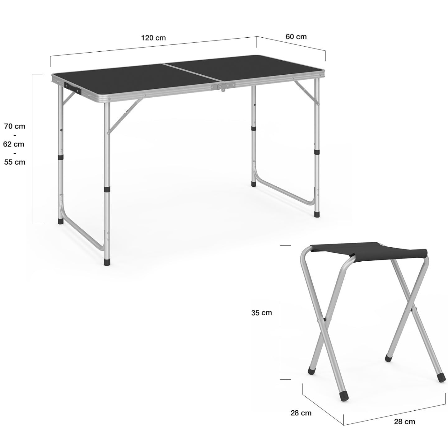 IDMarket - Table de Camping Pliante d'appoint 120 cm réglable en Hauteur et 4 tabourets Noirs