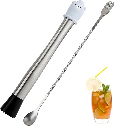 Cuchara de bar y muddler de cóctel, cóctel de acero inoxidable de 10 pulgadas, Mojito Muddler, lindo muddler con mango antideslizante de silicona. disponible en Yaxa El Salvador
