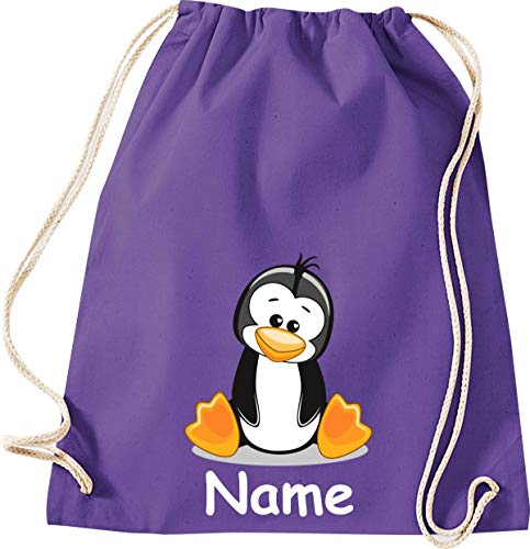 Shirtinstyle Gimnasio Saco Bolso para Deporte Animales Pingüino con el Nombre Deseado - Púrpura, 46 cm x 36 cm