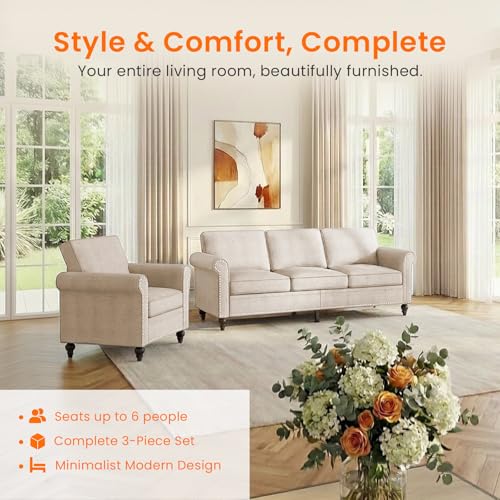 Image of ijuicy 2-Piece Sectional Sofa Set, Modern Linen Couch Set -Beige | with 5 inch Thicken Cushion & Nailhead Trim, Living Room Furniture Set-Armchair and 3 Seat Sofa