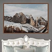 Framed Canvas Wall Art Snow Mountain Cool Expressive Farmhouse/Country Landscape Mountain Top Multicolor Photography Portrait Realism - 16x24 inches