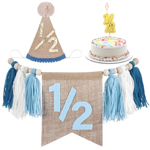 Silipull Fournitures d'anniversaire pour 1/2 ans comprenant une bannière de chaise haute pour demi-anniversaire, une bougie dorée pour 1/2 an, décoration de gâteau de 6 mois avec pompons en bois et