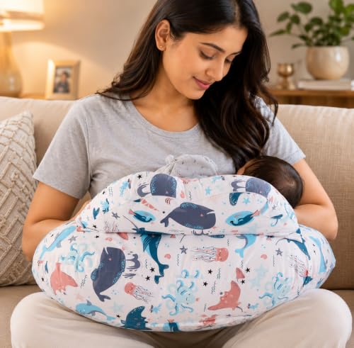Image of Proliva Feeding Pillow for New Born Baby with Detachable Cover Breast Feeding & Maternity Nursing Pillow for Breastfeeding Support for Baby Feeding Pillow for Mom (Off White-Dolphine-C2)