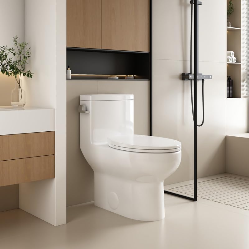 Elongated One Piece Toilet with Left-Hand Trip Lever, 17.32'' Comfortable Seat Height ADA Toilet with Soft Close Seat, Single Side Flush High Efficiency 1.28 GPF, 12'' Rough-In, White