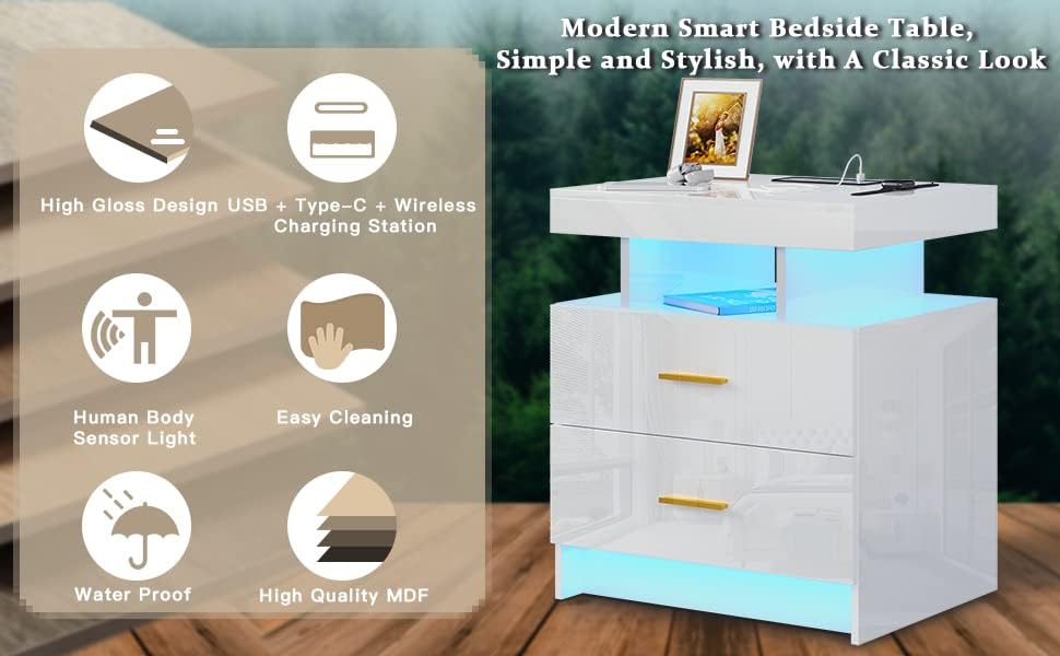HNEBC Auto LED Nightstand with Wireless Charging Station & USB Ports,High Gloss Bedside Tables with 2 Drawers,Floating Nightstand with 3 Color & Adjustable Brightness for Bedroom,White