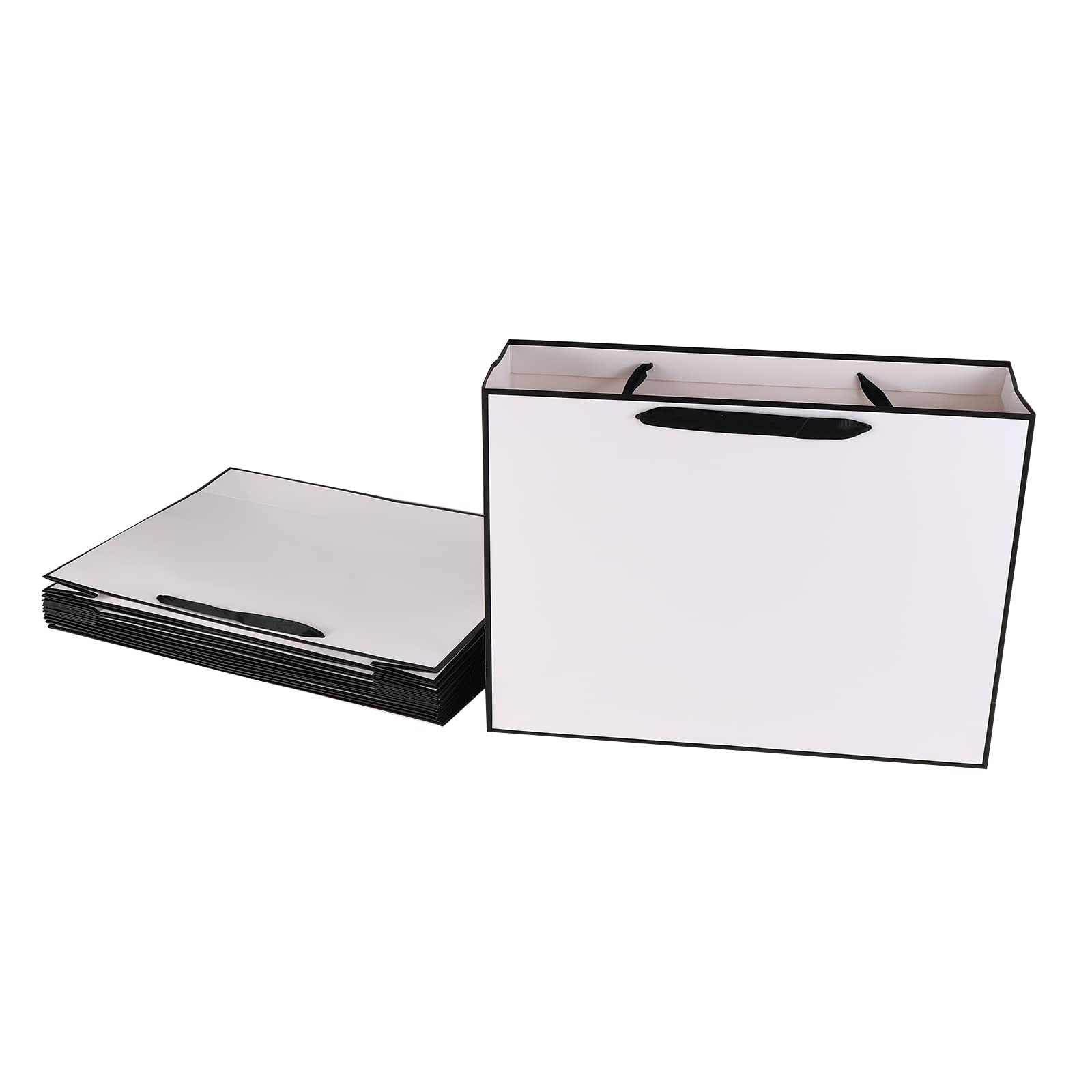 REDDOTGIFT® 10-Pack White with Black Border Gift Bags Shopping Bag Party Favor Bags with Grossgrain Ribbon Handle for Birthday Mother’s Day, Baby Shower Bridal Shower Wedding Gift (H32*L43*D13cm)