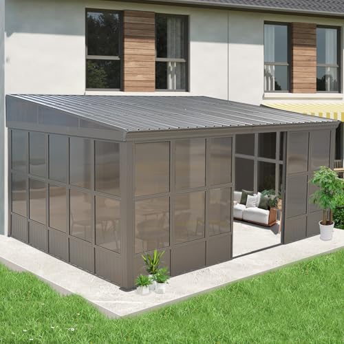 Domi 12x16FT Wall-Mounted Sunroom Gazebo, Aluminum Solarium with Galvanized Steel