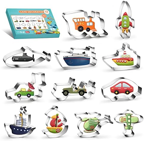 Transportation Vehicle Cookie Cutter Set - 12PCS Stainless Steel Biscuit Cutter Molds - Car, Plane, Train, Sailing boat, Steamship, Rocket Shaped Cookie Candy Cutters, DIY Fruit Bread Cutter for Kids