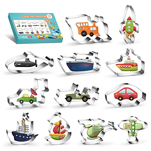 Transportation Vehicle Cookie Cutter Set - 12Pcs Stainless Steel Biscuit Cutter Molds - Car, Plane, Train, Sailing Boat, Steamship, Rocket Shaped Cookie Candy Cutters, Diy Fruit Bread Cutter For Kids #TOP3