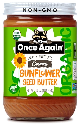 Once Again Organic Creamy Sunflower Butter, 16oz - Lightly Salted & Sweetened - Peanut Free, USDA Organic, Gluten Free Certified, Vegan, Kosher - Glass Jar