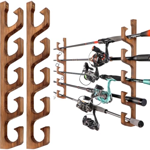 PLUSINNO H5W Solid Wood Fishing Rod Holder, Horizontal Wall & Ceiling Mount Fishing Pole Holders for Garage Storage, Holds 5Rods, Combos and Fishing Nets（Dark Brown,1pack）