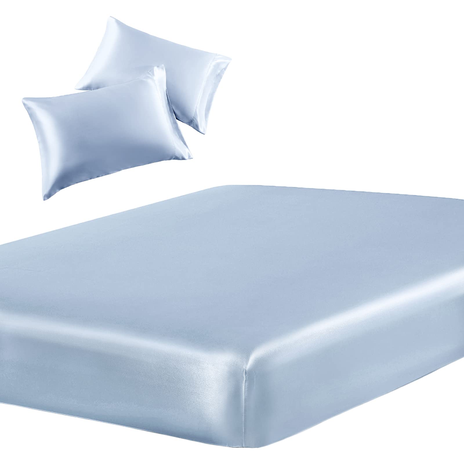 SiinvdaBZX3-Piece Set Satin Full Fitted Sheet & 2 Pillowcase, Baby Blue Silky Soft Fitted Bottom Sheet, Wrinkle Free, Fade Resistant, Deep Pocket Bed Sheet (Deep Up to 15")