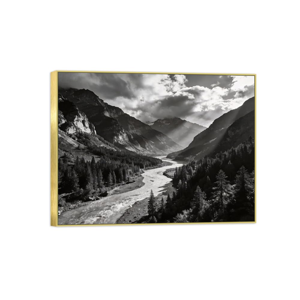 Mountain River Black White Landscape Canvas Picture 80x105cm Gold Frame