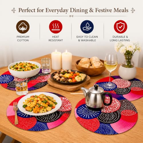Image of Zimittory Round Cotton Dining Table Mats Set of 2, 14-inch, Berry Burst
