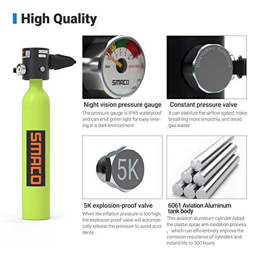 Smaco Scuba Tank, S300+ Portable Mini Dive Cylinder With 5-12 Diving Minutes Capability, Corrosion Resistant Material, With Constant Pressure Valve, Refillable Pony Bottle For Emergency Backup #TOP2