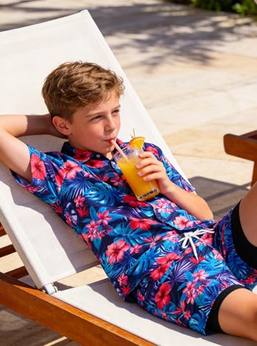 Image of UNICOMIDEA Boys Hawaiian Outfits Tropical Print Button Down Shirt + Swim Trunks 2 Piece Sets for 5-12T Kids